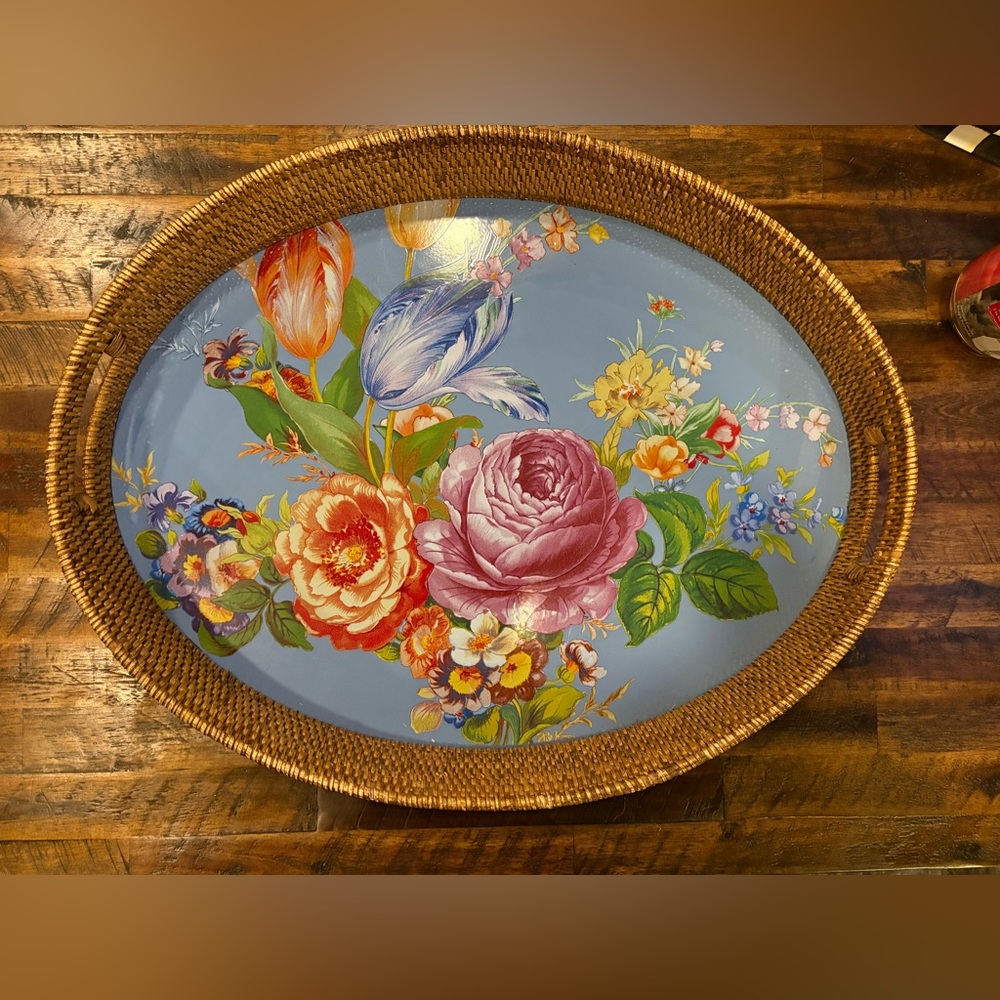 MacKenzie-Childs Floral Basket with Blue and Multicolor Accents. Party size.